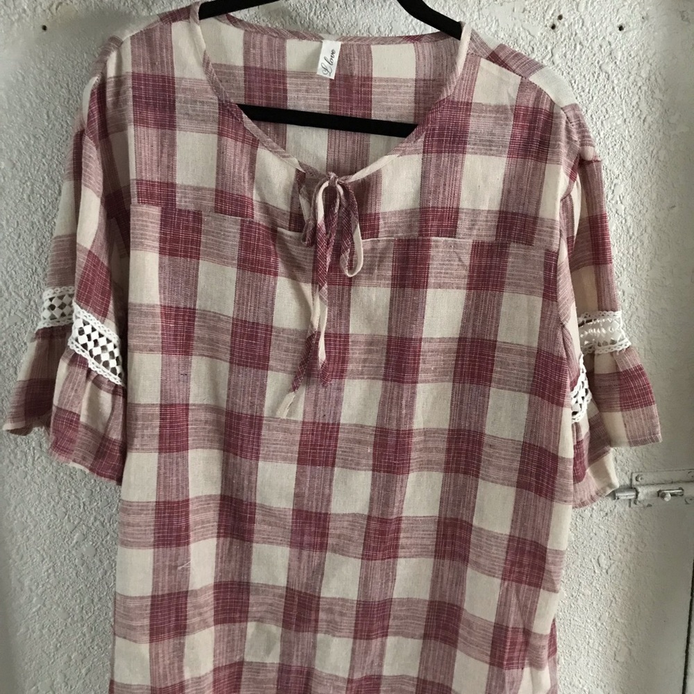 Plaid Red and Cream Colored Blouse